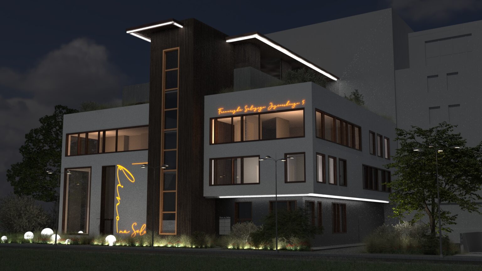 Nowoczesny budynek nocą, z podświetlonymi napisami „Kino na Soli” i „Franciszka Solskiego Jagiellońska 5”. Elewacja łączy drewno i beton, a duże przeszklenia dodają lekkości. Oświetlenie LED podkreśla bryłę obiektu, a w otoczeniu znajdują się drzewa i ozdobne lampy ogrodowe.