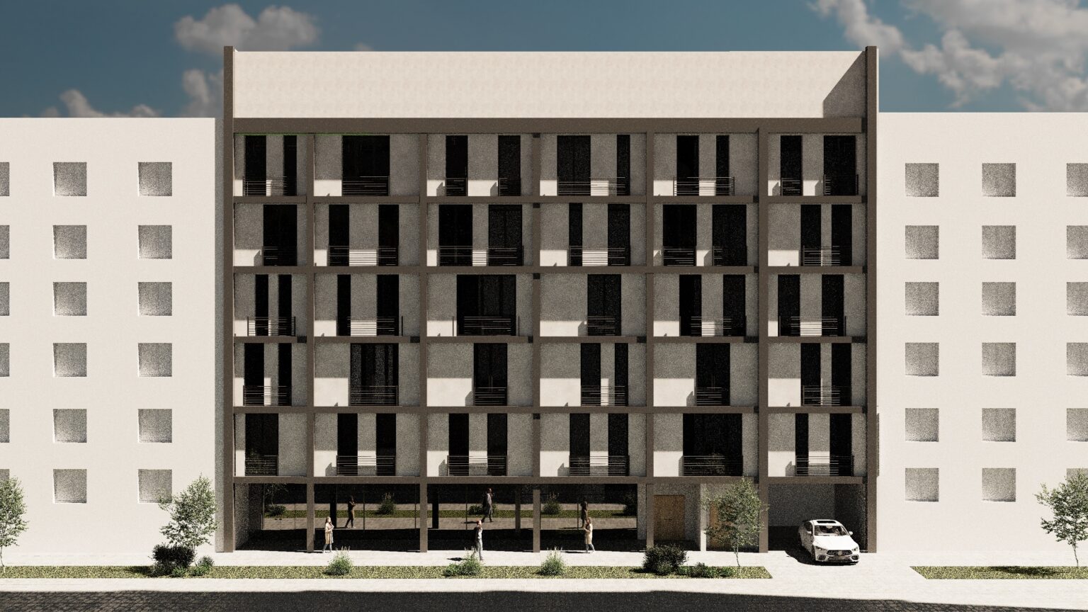 Wizualizacja nowoczesnego budynku mieszkalno-usługowego wkomponowanego w istniejącą zabudowę. Elewacja ma rytmiczny układ balkonów i okien, tworząc minimalistyczną, geometryczną kompozycję. Na parterze znajdują się lokale usługowe, a obok wejścia zaparkowany jest samochód. Całość otaczają drzewa.