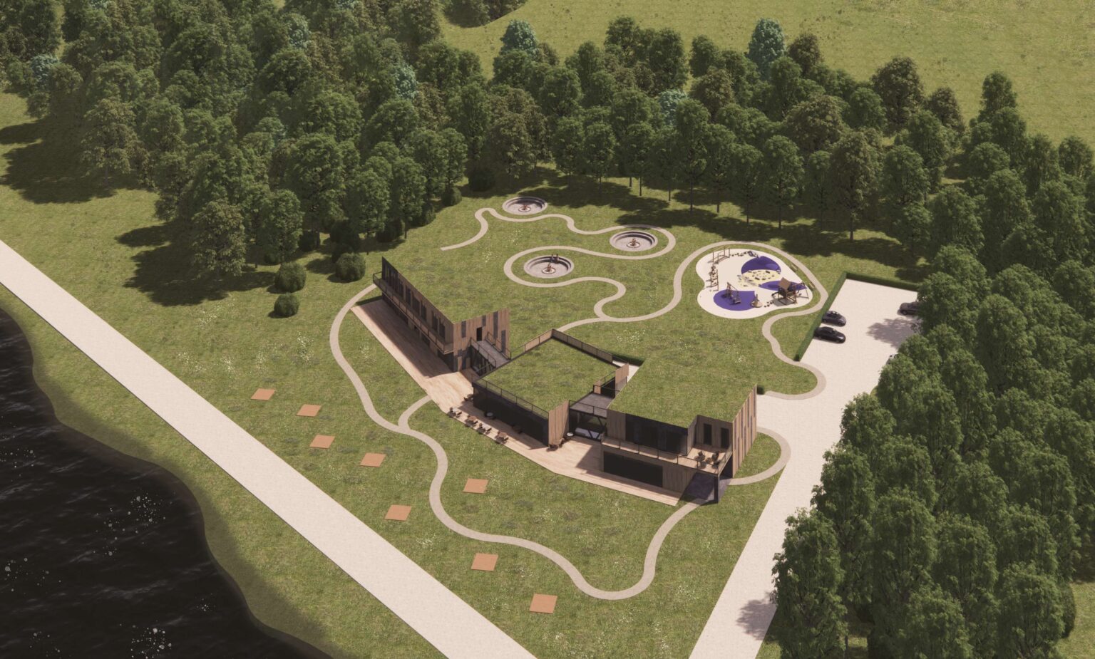 Wizualizacja nowoczesnego schroniska otoczonego zielenią, położonego nad wodą. Budynek o dynamicznej bryle z tarasami harmonijnie wpisuje się w krajobraz. Kręte ścieżki łączą różne strefy: plac zabaw, miejsca wypoczynku i parking. W tle gęsty las, nadający przestrzeni kameralny charakter.