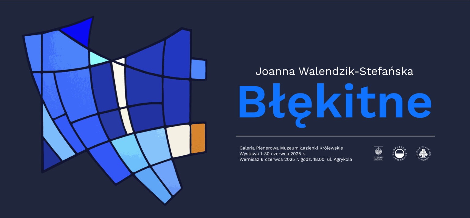 Ilustracja - barwne, zgeometryzowane plamy na ciemno-granatowym tle (z wyodrębnionym w kolorze błękitnym tytułem Błękitne).